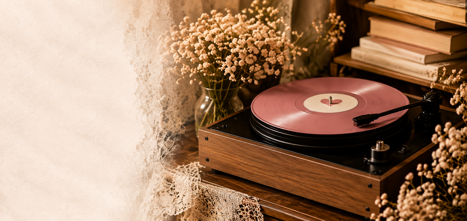 A record player surrounded by flowers and albums